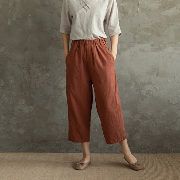 Summer Elastic Waist Cotton Pants Soft Casual Loose Cropped Pant Midi Trousers Wide Leg Skirt Pant Customized Plus Size Pants Linen Pant