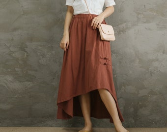 Summer Cotton Skirts A-line Pleated Irregular Elastic Waist Skirt Flared Midi Skirts Customized Plus Size Skirt Boho Linen