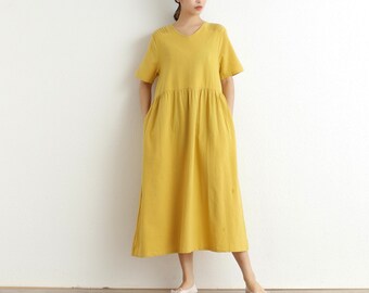 Women Cotton Dress Soft Casual Loose Robes Short Sleeves Shift Dress Boho Maxi Dresses Customized Dress Plus Size Clothing Linen Dress