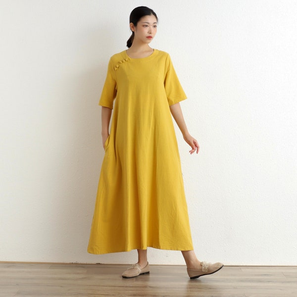 Women Cotton Dress Soft Casual Loose Robes Half Sleeves Shift Dress Boho Maxi Dresses Customized Dress Plus Size Clothing Linen