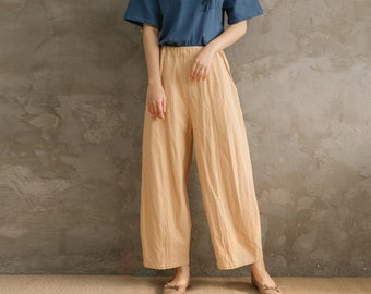 Pantalon d'été en coton à taille élastique, doux, décontracté, ample, pantalon large personnalisé, pantalon grande taille en lin, pantalon de printemps