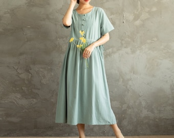Summer Cotton Dress Soft Casual Loose Dress Tunics Short Sleeves Robes Midi Dresses Customized Dress Plus Size Clothing Linen