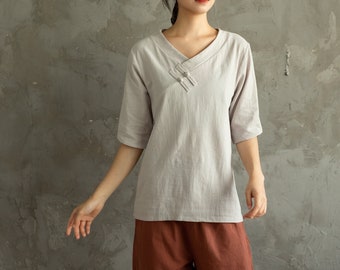 Women's Summer Cotton Tops Half Sleeves Blouse Casual Loose Kimono Customized Shirt Top Hand Made Plus Size Clothes Linen