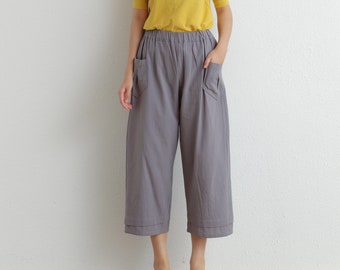 Summer Elastic Waist Cotton Pants Soft Casual Loose Cropped Pant Midi Trousers Wide Leg Skirt Pant Customized Plus Size Pants Linen