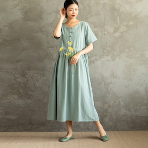 Summer Cotton Dress Soft Casual Loose Dress Tunics Short Sleeves Robes Midi Dresses Customized Dress Plus Size Clothing Linen