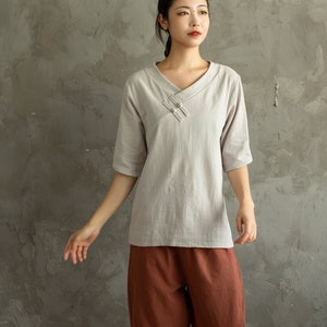 Women's Summer Cotton Tops Half Sleeves Blouse Casual Loose Kimono Customized Shirt Top Hand Made Plus Size Clothes Linen image 1