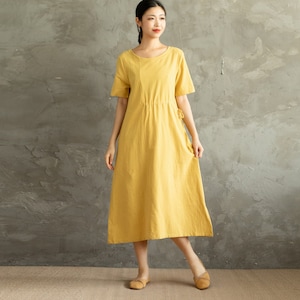 Summer Dress Cotton Dress Shirt Casual Loose Dress Tunics Short Sleeves Robes Midi Dresses Customized Dress Plus Size Clothing Linen Dress