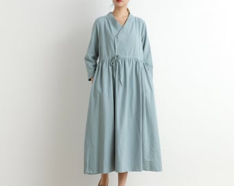 Women Cotton Dress Shirt Casual Loose Robes 3/4 Sleeves Shift Dress Boho Maxi Dresses Customized Dress Plus Size Clothing Linen