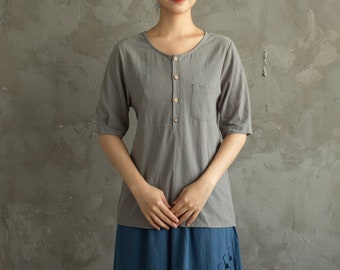 Women's Summer Cotton Tops Half Sleeves Blouse Casual Loose Kimono Customized Shirt Top Hand Made Plus Size Clothes Linen