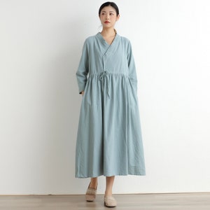 Women Cotton Dress Shirt Casual Loose Robes 3/4 Sleeves Shift Dress Boho Maxi Dresses Customized Dress Plus Size Clothing Linen