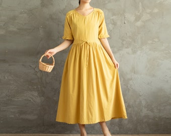 Summer Cotton Dress Casual Loose Dress Tunics Short Sleeves V-Neck Robes Midi Dresses Customized Dress Plus Size Clothing Linen