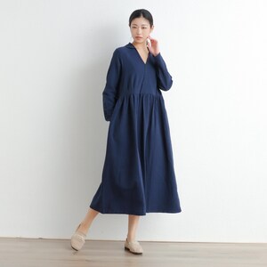 Women Long Sleeves Dress Cotton Dress Soft Casual Loose Tunics V-neck Robes Midi Dresses Customized Dress Plus Size Clothes Linen Dress