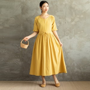 Summer Cotton Dress Casual Loose Dress Tunics Short Sleeves V-Neck Robes Midi Dresses Customized Dress Plus Size Clothing Linen