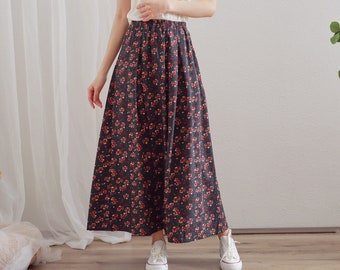 Printed Floral Summer Cotton Skirts A-line Pleated Elastic Waist Skirt Flared Casual Loose Maxi Skirts Customized Plus Size Skirt Boho Linen