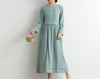 Women Cotton Dress Soft Casual Loose Robes Long Sleeves Shift Dress Boho Maxi Dresses Customized Dress Plus Size Clothing Linen