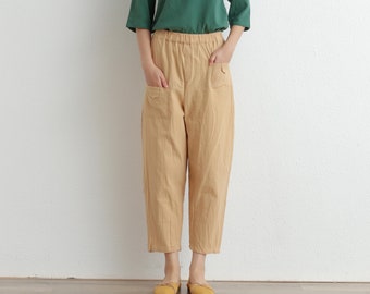 Summer Women Elastic Waist Cropped Pant Cotton Pants Soft Casual Loose Boho Trousers Wide Leg Pant Customized Plus Size Linen Pant Capris