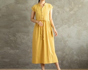 Robe d'été en coton Robe d'été décontractée ample à col en V Tuniques Robes sans manches Robes midi Robe personnalisée Vêtements grande taille Linge de maison