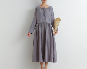 Women Long Sleeves Cotton Dress Soft Casual Loose Tunics Shirt A-line Robes Midi Dresses Customized Dress Plus Size Clothing Linen Dress