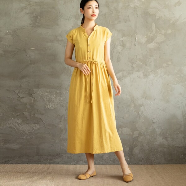 Summer Cotton Dress Sundress Casual Loose V-neck Tunics Sleeveless Robes Midi Dresses Customized Dress Plus Size Clothing Linen