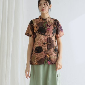 Printed Summer Cotton Tops Short Sleeves Blouse Floral Casual Loose Kimono Customized Shirt Top Hand Made Plus Size Clothes Linen Women Tops