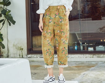 Floral Printed Elastic Waist Cotton Pants Soft Casual Loose Large Size Trousers  Wide Leg Pant Customized Plus Size Pants Linen Pant