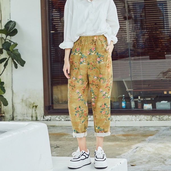 Floral Printed Elastic Waist Cotton Pants Soft Casual Loose Large Size Trousers  Wide Leg Pant Customized Plus Size Pants Linen Pant