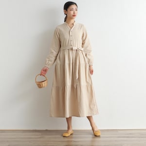 Women Shirt Dress Long Sleeves Cotton Dress Soft Casual Loose Tunics Robes Maxi Dresses Customized Dress Plus Size Clothing Linen Dress