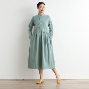 Women Long Sleeves Cotton Dress Soft Casual Loose Tunics Shirt Robes Midi Dresses Customized Dress Plus Size Clothing Linen Dress