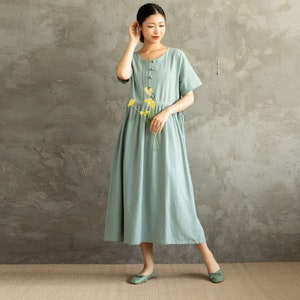 Summer Cotton Dress Soft Casual Loose Dress Tunics Short Sleeves Robes Midi Dresses Customized Dress Plus Size Clothing Linen Dress