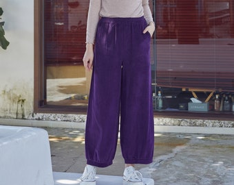 Winter 100%Cotton Corduroy Wide Legs Pant Elastic Waist Pants Warm Thicker Trousers Casual Loose Baggy Long Pant Tailored Plus Pant Fall