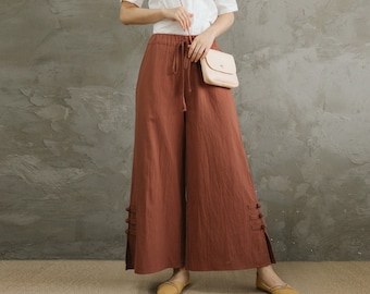 Summer Elastic Waist Cotton Pants Soft Casual Loose Trousers Wide Leg Pant Customized Plus Size Pants Linen Spring Pant