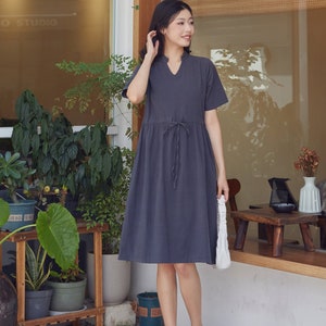 Summer Cotton Dress Casual Loose Tunics Short Sleeves V-neck Shirt Robes Knee Dresses Customized Dress Plus Size Clothes Linen