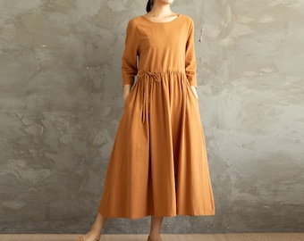 Summer Cotton Dress Shirt Casual Loose Dress Tunics 3/4 Sleeves Robes Maxi Dresses Customized Dress Plus Size Clothing Linen