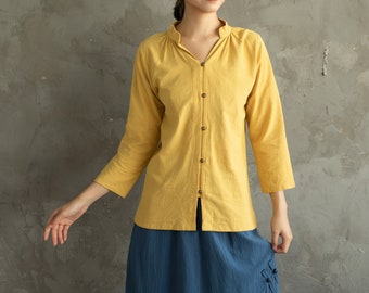 Zomer Katoen Tops Vrouwen Shirt Knoppen 3/4 Mouwen Blouse Casual Losse Kimono Aangepaste Shirt Top Plus Size Kleding Linnen blouse
