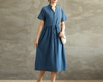 Summer Cotton Dress Casual Loose Tunics Short Sleeves V-neck Shirt Robes Midi Dresses Customized Dress Plus Size Clothes Linen