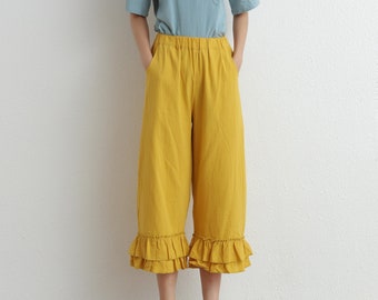 Summer Elastic Waist Cotton Pants Soft Casual Loose Cropped Pant Midi Trousers Wide Leg Skirt Pant Customized Plus Size Pants Linen