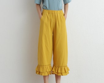 Summer Elastic Waist Cotton Pants Soft Casual Loose Cropped Pant Midi Trousers Wide Leg Skirt Pant Customized Plus Size Pants Linen