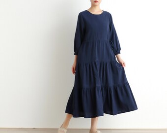 Summer Cotton Dress Shirt Casual Loose Dress Tunics 3/4 Sleeves Robes Midi Dresses Customized Dress Plus Size Clothing Linen