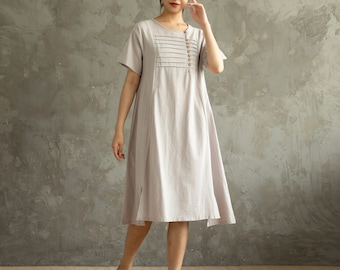 Robe d'été en coton Tunique ample décontractée Manches courtes Chemise Robes Robes au genou Robe décontractée personnalisée à la main Vêtements grande taille Linge