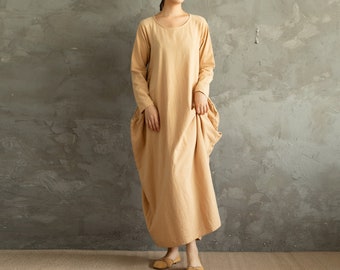 Women Cotton Dress Soft Casual Loose Robes Long Sleeves Shift Dress Boho Maxi Dresses Customized Dress Plus Size Clothing Linen Dress