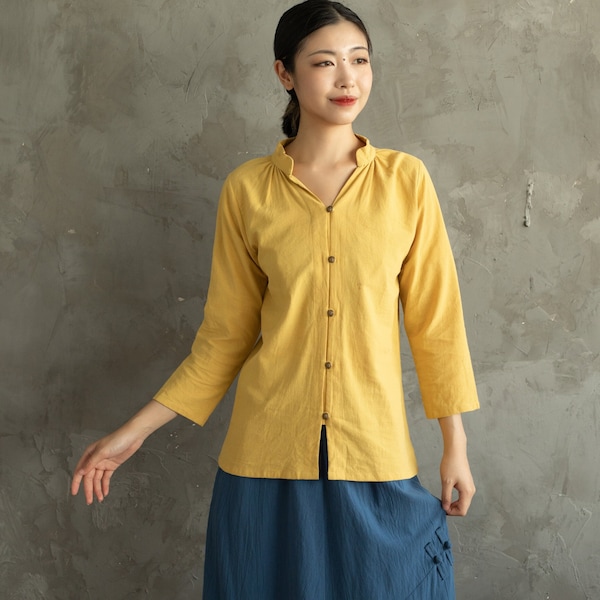 Summer Cotton Tops Women's Shirt Buttons 3/4 Sleeves Blouse Casual Loose Kimono Customized Shirt Top Plus Size Clothes Linen Blouse