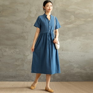 Summer Cotton Dress Casual Loose Tunics Short Sleeves V-neck Shirt Robes Midi Dresses Customized Dress Plus Size Clothes Linen