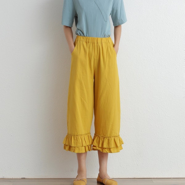 Summer Elastic Waist Cotton Pants Soft Casual Loose Cropped Pant Midi Trousers Wide Leg Skirt Pant Customized Plus Size Pants Linen