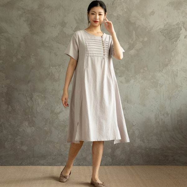 Summer Cotton Dress Casual Loose Tunics Short Sleeves Shirt Robes Knee Dresses Customized casual handmade Dress Plus Size Clothes Linen