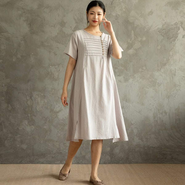 Robe d'été en coton Tunique ample décontractée Manches courtes Chemise Robes Robes au genou Robe décontractée personnalisée à la main Vêtements grande taille Linge