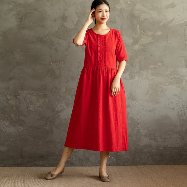 Summer Dress Cotton Dress Shirt Casual Loose Dress Tunics Half Sleeves Robes Knee Dresses Customized Dress Plus Size Clothing Linen Dress