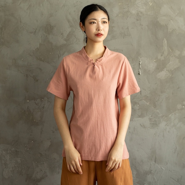 Summer Cotton Tops Short Sleeves Blouse Casual Loose Kimono Customized Shirt Top Hand Made Plus Size Clothes Linen Women