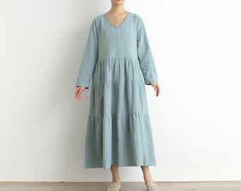 Women Cotton Dress Casual Loose Dress Tunics Long Sleeves Robes Maxi Dress Customized Dress Dress Plus Size Clothing Linen dress