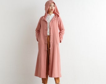 Hooded Cotton Dress Coat Casual Loose Robes Long Sleeves Cardigan Shift Dresses Midi Coat Customized Plus Size Clothing Linen 287