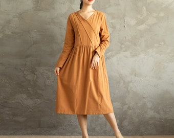 Women Cotton Dress Soft Casual Loose V-neck Dress Tunics Long Sleeves Robes Knee Dresses Customized Dress Plus Size Clothing Linen Dress